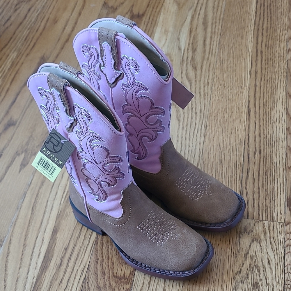 Roper Pink and Brown Cowboy Boots with Decorative Stitching